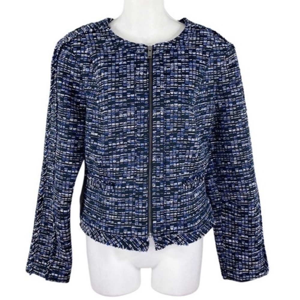 Banana Republic blue black white tweed zipper front fringe jacket